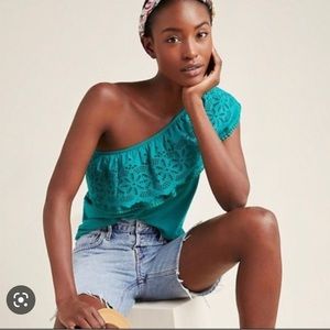 Anthropologie One Shoulder Eyelet Lace Ruffle Top Teal | XS